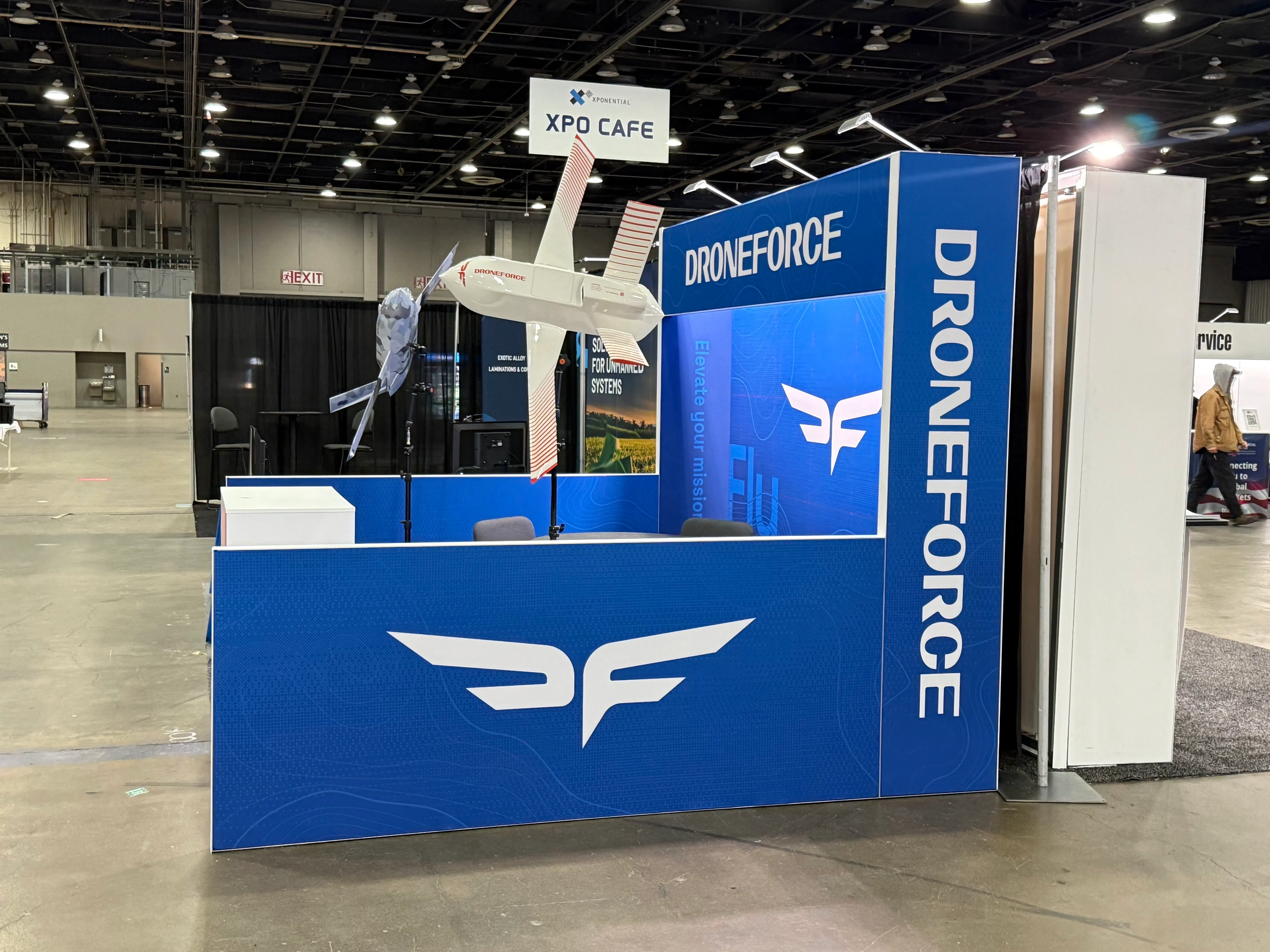 The Droneforce booth at AUVSI Xponential 2026 with the Droneforce 55 on display.