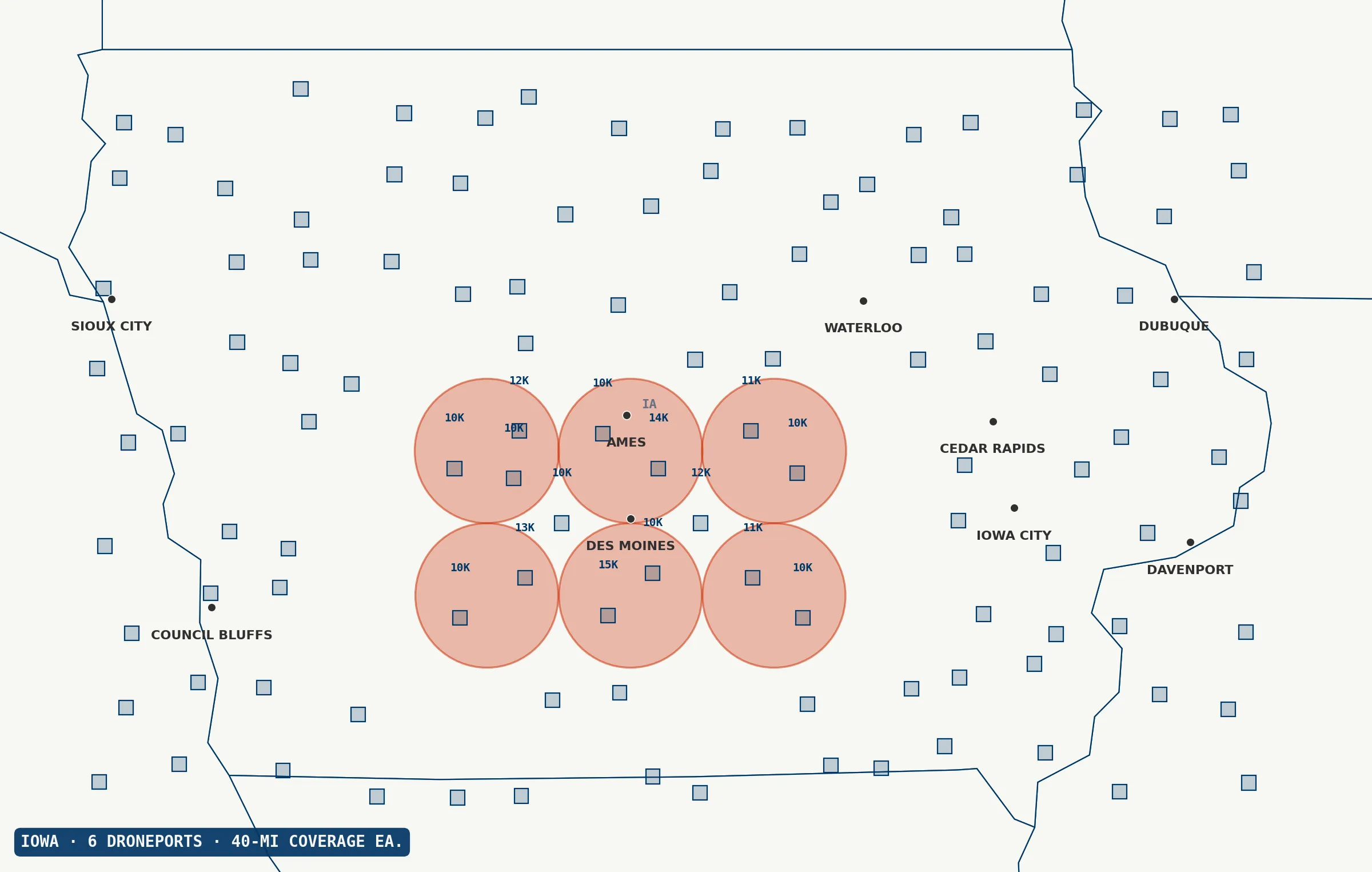 Central Iowa coverage map — whole-farm imaging from a single droneport