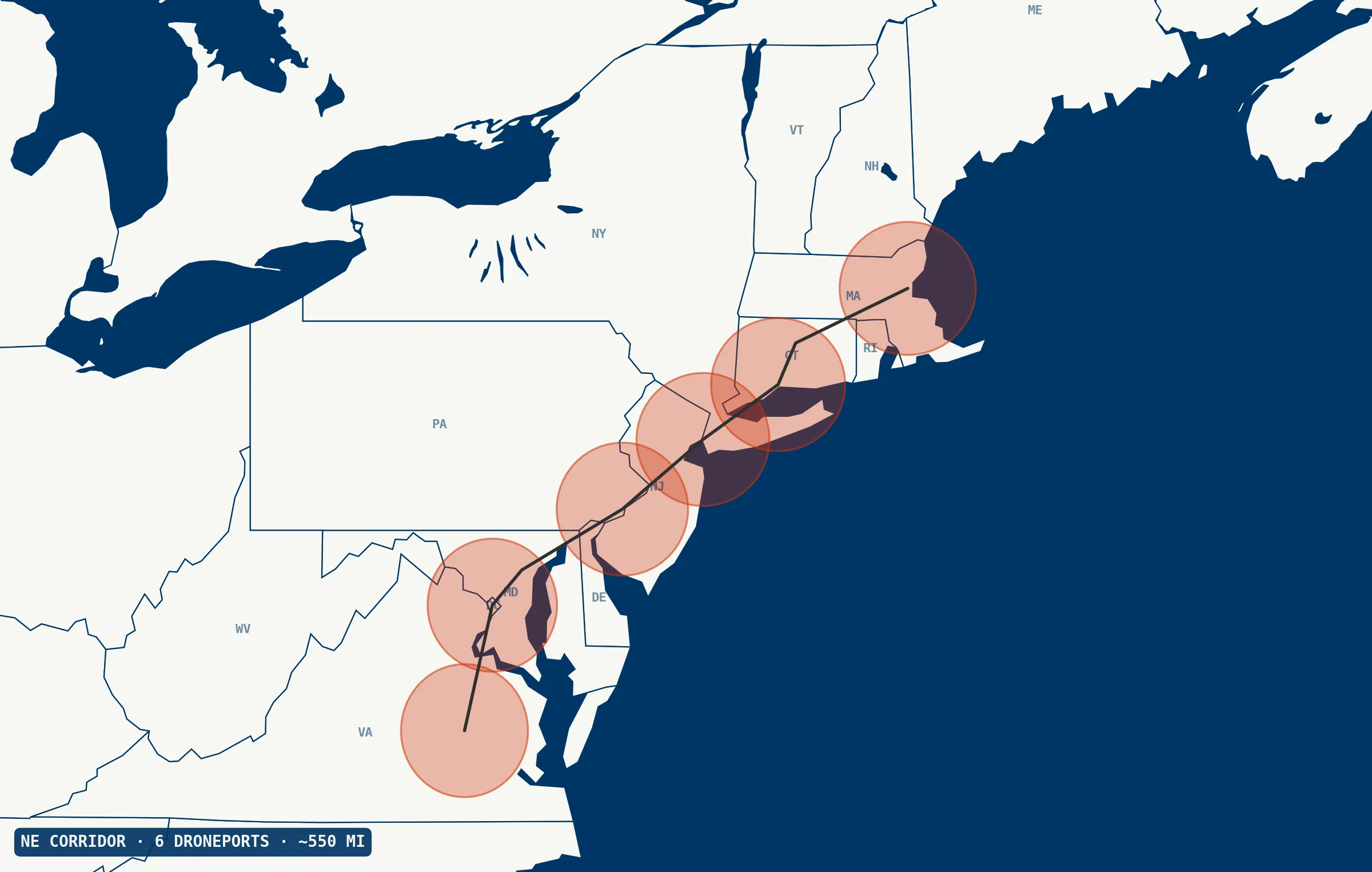 Northeast Corridor coverage map — networked Droneforce fleet